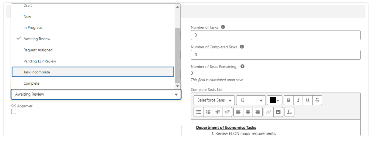 Marking the Status as Task Incomplete