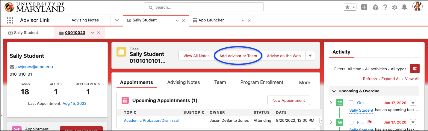 Add Advisor or Team button