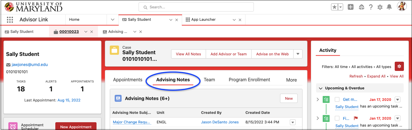 Advising Notes tab