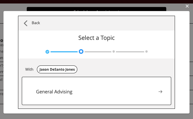 Screen where students select an appointment topic