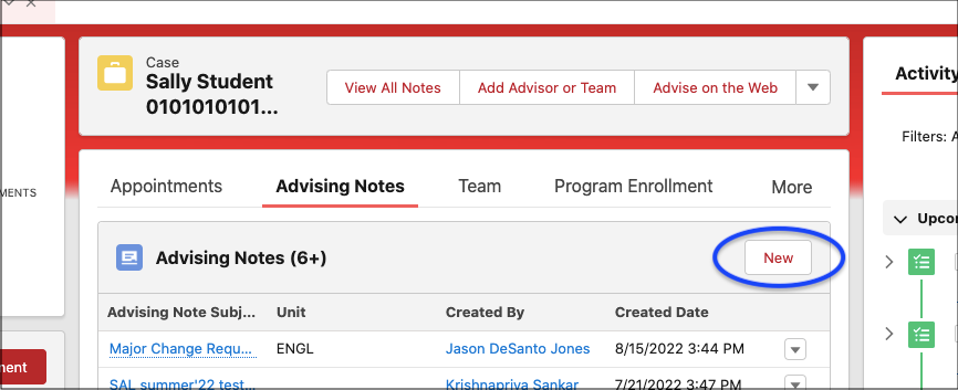 Advising Note button
