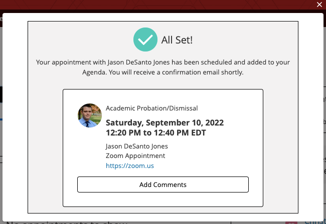 Student appointment confirmation screen