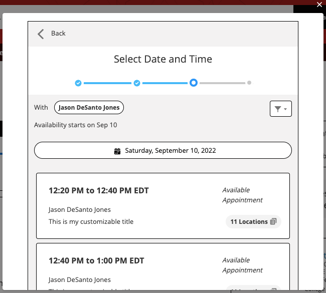 Student appointment time selection screen