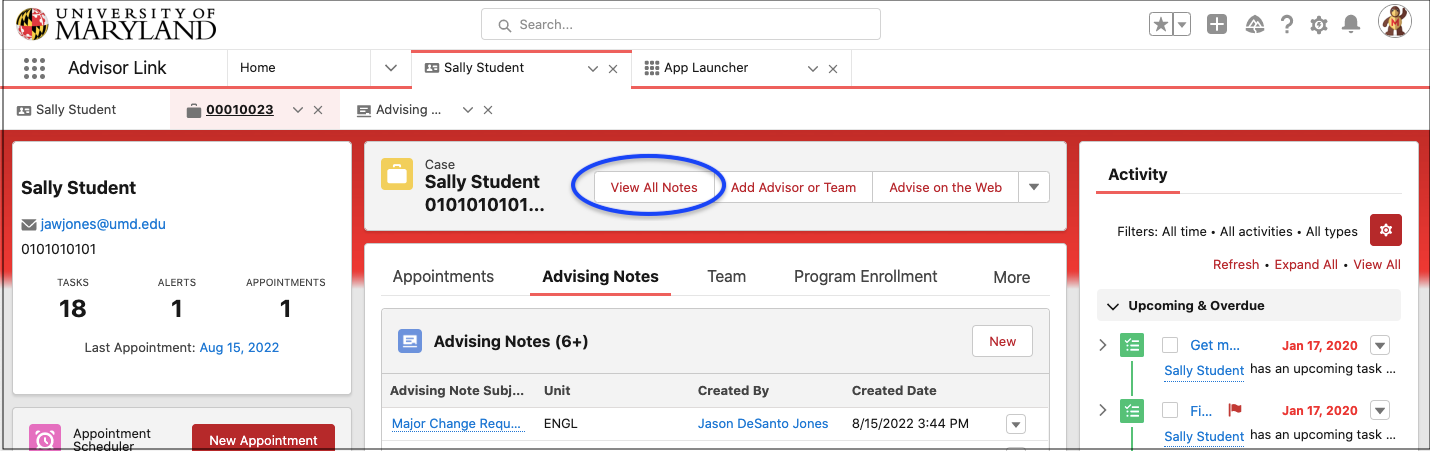 View all Notes button