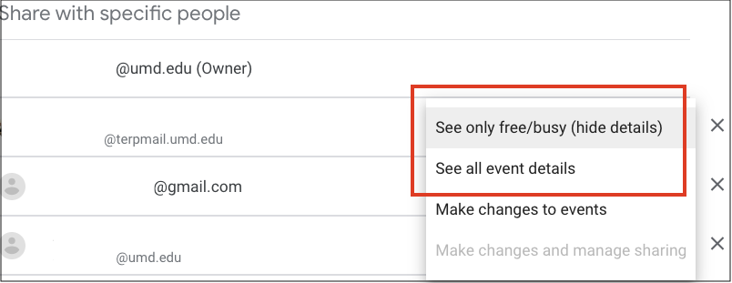 Calendar sharing options