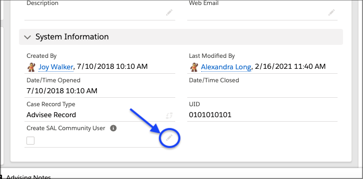 Create SAL Community User pencil icon