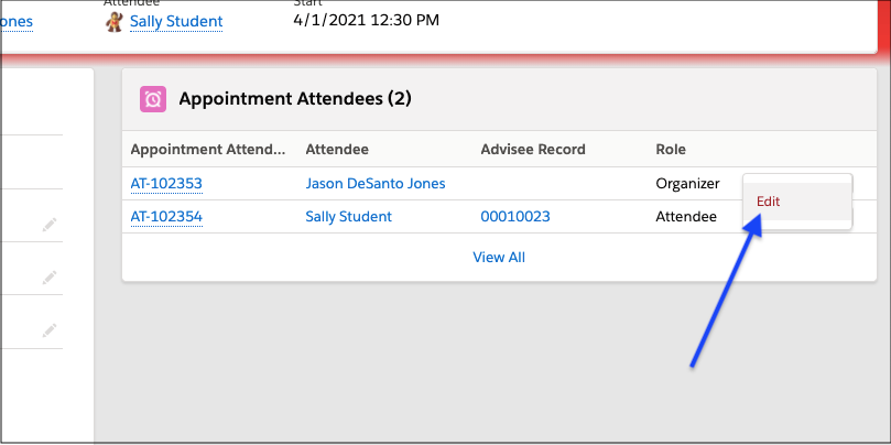 Edit button with appointment attendees