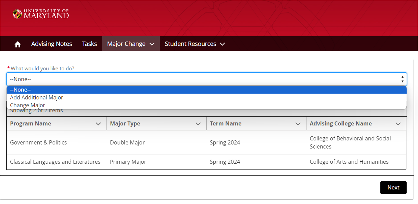 The initial major change screen Dropdown menu to either add a double major or double degree
