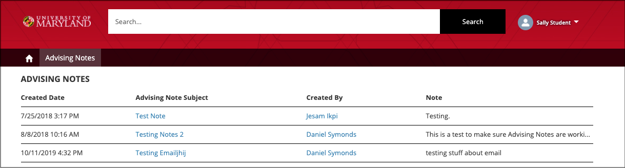 Advising Notes screen from the student perspective